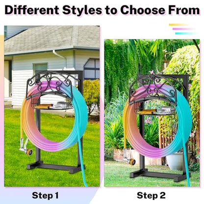 Garden Hose Holder, Metal Water Hose Holder with Storage Basket, Heavy Duty 4 Spikes Hose Hanger Holds 150 Feet Hoses, Freestanding Hose Storage Reel Rack for Outdoor Yard Lawn,Line