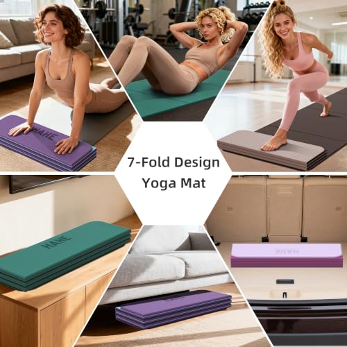 HAHE 7-Fold Design Extra Thick Yoga Mat 72"L x 24"W x 0.47", TPE | Fitness Exercise Mats, Non-Slip Foldable Yoga Mat, High Density, Portable for Men & Women, Yoga, Pilates, Home Gym - color: Dark Green & Black