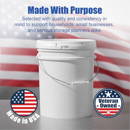 5 Gallon Bucket - Food Grade Bucket with Airtight Gasketed Tear Strip Lid, BPA-Free, Heavy-Duty 90 Mil HDPE Plastic Pail, Bulk Storage, Durable Container, Made in USA - White, 6 Packs