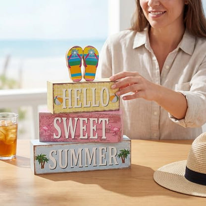 4 Pcs Summer Flip Flop Wooden Table Decorations Hello Summer Centerpiece Tiered Tray Decor Beach Farmhouse Blocks Table Top Sign for Home - style: Summer