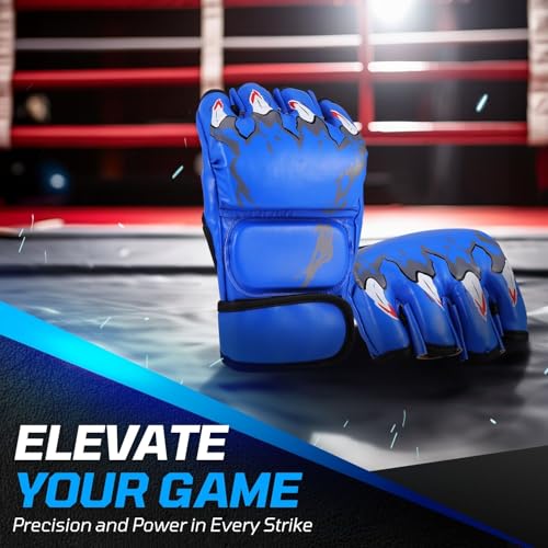 Flexzion MMA Gloves Fingerless Boxing Gloves for Men Women and Teen Youth, UFC Grappling Krav MAGA Kickboxing Gloves for Training Punching Bag Muay Thai Hitting Mitts Cutoff Martial Art Gloves - color: Blue
