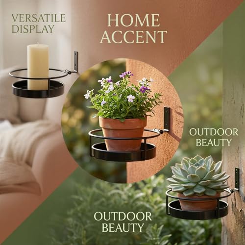 2 Pcs Wall Mounted Plant Holders, Wall Hanging Metal Flower Pot Racks, Floating Plant Shelves with Ring and Base, Indoor Outdoor Decorative Planter Stands for Garden, Porch, Patio