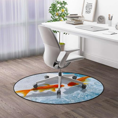 Aquarium Round Office & Gaming Chair Mat for Hardwood Floors, Golden Carp Non-Slip Protector for Rolling Chairs,Protect The Floor from Scratches, Orange Gold White Diameter 35.4 in