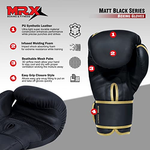 MRX Boxing Gloves Fighting Training Combat Train Workout Sparring Grappling Durable Light Weight Adult Punch Bag Glove Muay Thai Punching Mitts Kickboxing MMA Gloves Men and Women - color: Black Gold, size: 10 OZ
