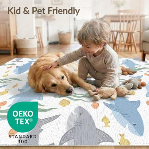 4'x6' Washable Kawaii Shark Accent Rug, Grey Non-Shedding Small Carpet for Playroom, Bedroom, Reading Nook, Pet Friendly & Kids Safe Play Mat | Ref:2067797 - color: Blue/Pattern 24, size: 4' x 6' (Rectangular)