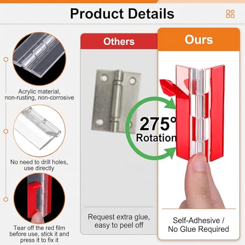 Thinp 4 Pcs Self Adhesive Clear Plastic Hinges, 65x40mm Acrylic Hinge-Transparent Folding Plastic Hinges for Crafts Aquarium Lid Cabinet Furniture Display Stand