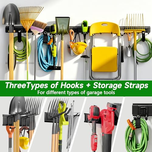 Garage Wall Organizer, 96 in Garden Tool Organizer with 12 Adjustable Hooks | 720 LBS Load, Wear & Tear Resistant, Soft Anti-Scratch Hook Sleeves, 3 Extra Storage Straps, For Garden Lawn & Shed Tools - size: 96 inch 12-Hook