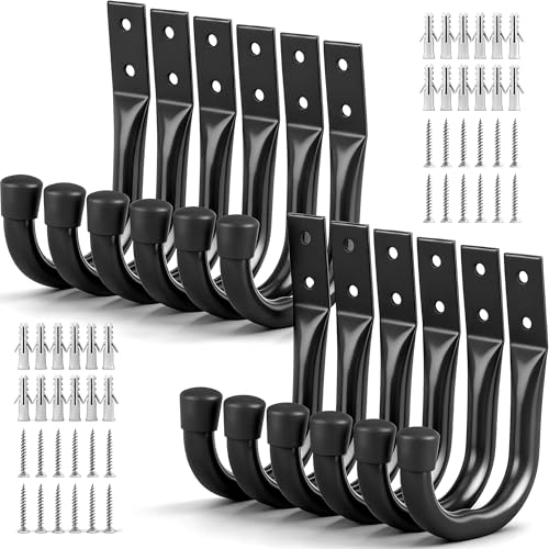 Heavy Duty Garage Storage Hooks, 12-piece Bike Hooks for Garage Wall, Utility Garage Hooks, Wall Mount J Hook for Hanging, Large Metal Storage Organizer Tool, Extension Cord Hanger - color: 12-Piece Black