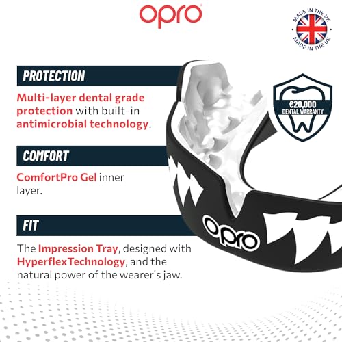 OPRO Instant Custom-Fit Mouthguard – Dentist Level Gum Shield Adult and Kids – OPRO Mouth Guard Boxing and MMA, Self-Fit Gum Shield Rugby – Maximum Protection with Dental Warranty (Black/White/White) - color: Black Jaws - Black/White/White, size: Adult (1
