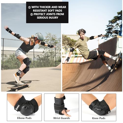 Tanden Skate Protective Gear Adult Knee Pads and Elbow Pads Set Wrist Guard - color: Black, size: Youth (9-15 years)