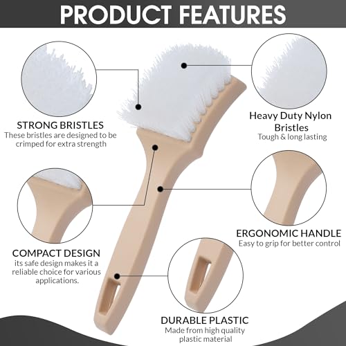 Nanoskin 8.5 Inch Multi-Purpose White Nylon Utility Scrub Brush - Ideal for Automotive Detailing, White Sidewall Tire Cleaning, Furniture Paint Stripping | Heavy Duty Nylon Bristles, Ergonomic Handle - color: White and Beige, size: 8.5"