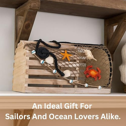 Decorative Lobster Trap Nautical Coastal Decor – Distressed Wood with Fishnet, Seashells, Crab & Starfish Accents – Perfect Beach House, Boat Decoration – Unique Ocean-Themed Gift for Sea Lovers