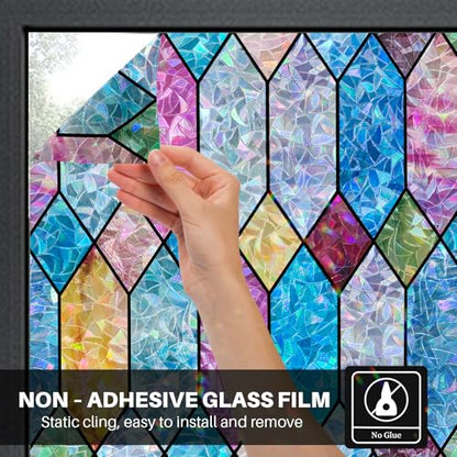 Window Privacy Film, Rainbow Decorative Stained Glass Window Film, Static Cling Lattice Glass Covering, Window Tint Sticker for Home Decor & UV Heat Blocking, 17.3 x 78.7 Inches