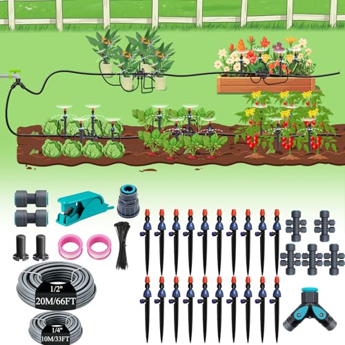MYMULIKE Drip Irrigation System 99FT – 1/2" Main 1/4" Branch Pipe, Adjustable Drip Emitters & Misting Nozzles, Plug and Play Automatic Watering Kit for Garden, Raised Beds, Lawn, Greenhouse - size: 99FT