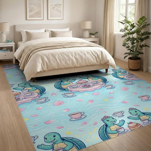 8'x10' Washable Kawaii Cherry Blossom Large Rug, Teal Non-Shedding Pet Friendly Carpet for King Size Bedroom, Master Suite, Under Bed, Foldable Easy Care Mat | Ref:1955471 - color: Blue/Pattern 1, size: 8' x 10' (Rectangular)