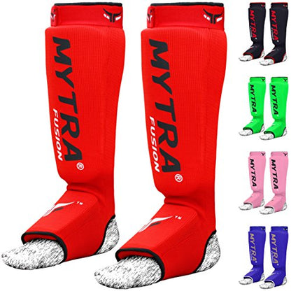 Mytra Fusion Shin Pads Instep Protector Kick Boxing Muay Thai Training Elasticated Shinpads (Red, L/XL)