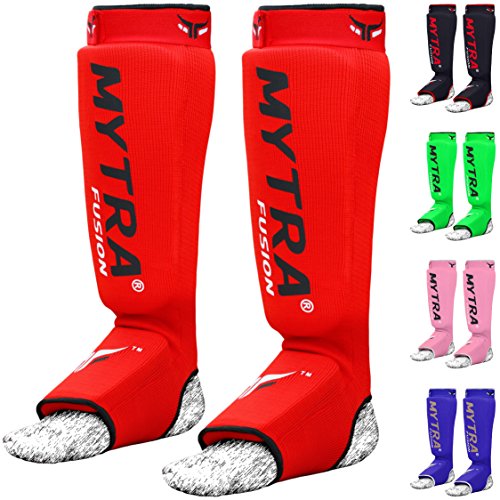 Mytra Fusion Shin Pads Instep Protector Kick Boxing Muay Thai Training Elasticated Shinpads (Red, L/XL)