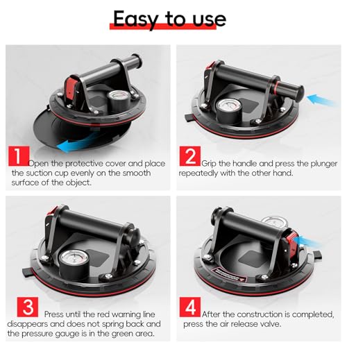SPECILITE 8" Heavy Duty Glass Suction Cups 2 Pack with Pressure Gauge for Lifting Large Tile, Marble, Windows, 880 lbs Load Capacity, Industrial Vacuum Lifter with Handle, Carrying Case, Gloves, Black
