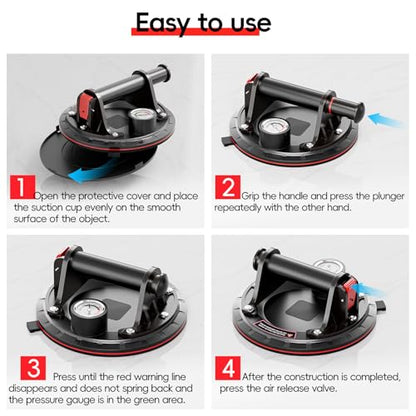 SPECILITE 8" Heavy Duty Glass Suction Cups 2 Pack with Pressure Gauge for Lifting Large Tile, Marble, Windows, 880 lbs Load Capacity, Industrial Vacuum Lifter with Handle, Carrying Case, Gloves, Black