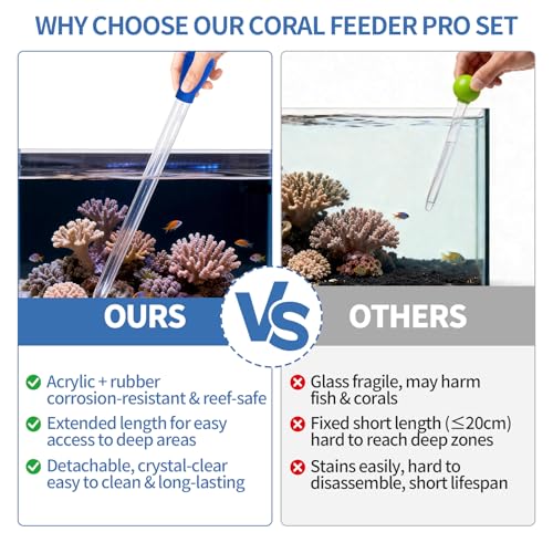 Extra Long Aquarium Coral Feeder Tool with Extension Tube, Deep Tank Fish Feeding Pipette, Long Pipette for Coral and Fish Feeding,Reef Tank Maintenance Accessories（17.7in&11.4in）
