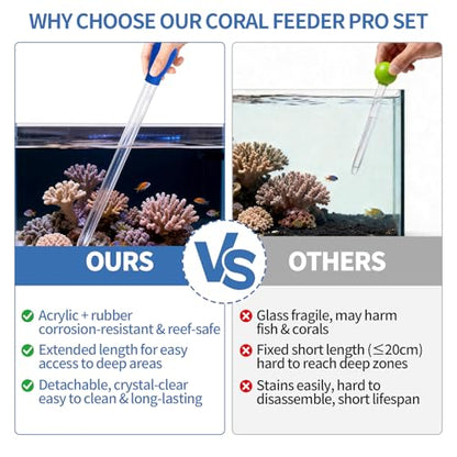 Extra Long Aquarium Coral Feeder Tool with Extension Tube, Deep Tank Fish Feeding Pipette, Long Pipette for Coral and Fish Feeding,Reef Tank Maintenance Accessories（17.7in&11.4in）