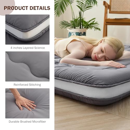 Japanese Floor Mattress, Thicken 4" Japanese Futon Mattress, Foldable & Portable Shiki Futon (shikibuton), Roll Up Thicken Sleeping Tatami Mat Sleeping Pad for Camping (Grey, 39 x 80)