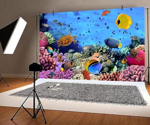 12x10ft Underwater Ocean Coral Reef Backdrop Under The Sea Tropical Fish Sea Turtle Marine Life Photography Background Seabed World Nature Scene Aquarium Decor Kids Portrait Photo Shoot Props - size: 12x10ft