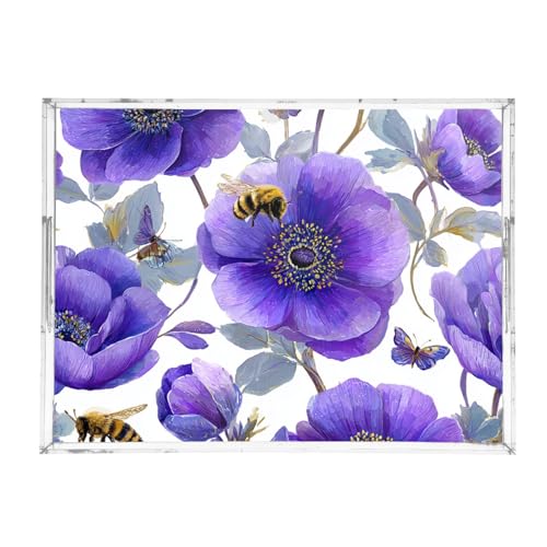 Acrylic Tray Clear Serving Vanity Ottoman Bathroom Coffee Table Countertop Organizer Raised Edge Spill Proof Purple Anemone Bees - color: Purple Anemone Bees