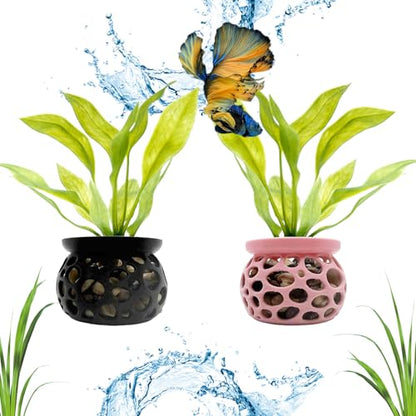 Aquarium Plant Pot Holders, 2 Plant Pot Holders, Securely Hold Aquatic Plants, Promoting Healthy Root Growth, Fish Tank Aesthetic, Black & Pink, 2.7" D x 2" H (Pack of 2)