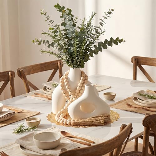 4 Pcs Rustic Country Tabletop Centerpieces Set of 2 Boho Ceramic Flower Vases Wooden Beads Garland and Gold Round Placemats for Farmhouse, Boho Home Coffee Table Decor