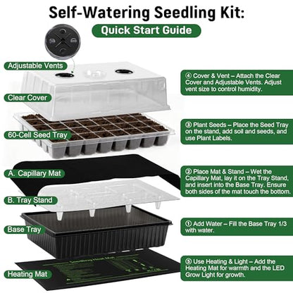 DazSpirit 60-Cell Self-Watering Seed Starter Kit with Grow Light and Heat Mat, Seedling Tray with Humidity Dome, Indoor Plant Germination Tray for Beginners - Grow Tomatoes, Peppers, Herbs & Flowers