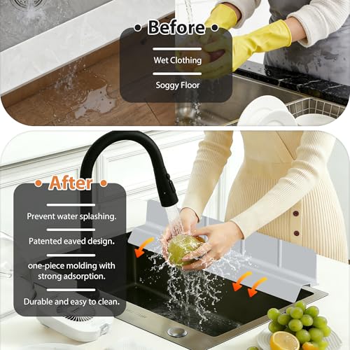 23Inch Sink Splash Guard – Extended Length & Tall Silicone Kitchen Sink Splash Guard with Overhang Drainage Design, High Splash Wall & Strong Suction Cups for Countertop (Grey, 23''x3.5'')