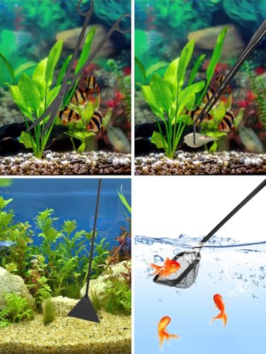 4 in 1 Aquarium Aquascaping Kit, Curved Scissors, Curved Tweezers, Sand Spatula and Fish Net, Aquatic Plant Aquascape Tools Cleaning Kit for Small Aquariums and Fish Tanks