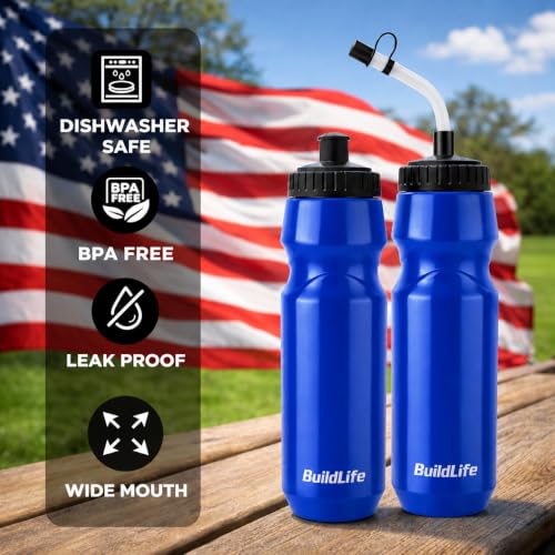 Hockey Water Bottle with Long Straw - 32 OZ Squeeze Sports Water Bottles 2 Pack with 2 Lids Each(Straw and Squeeze),Lacrosse Water Bottle for Helmet Hockey,Football,Boxing,BPA Free,Dishwash Safe(Blue) - color: Blue