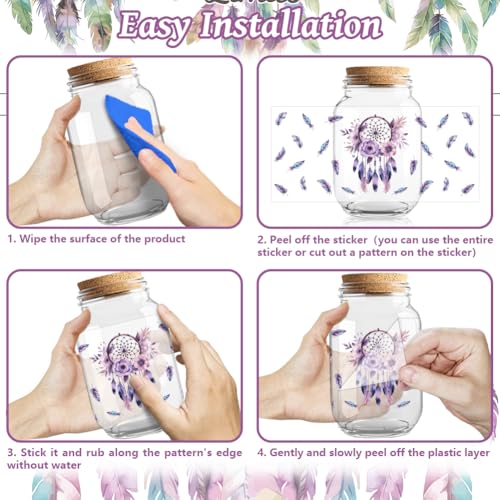 UV DTF Cup Wraps Transfer Stickers Bohemian Feathers Pattern, 10 Sheets Waterproof Custom Vinyl Transfer Sticker 16oz Coffee Glass Cup Tumbler Bottle Mug Decals for Men Women - style: Bohemian feathers