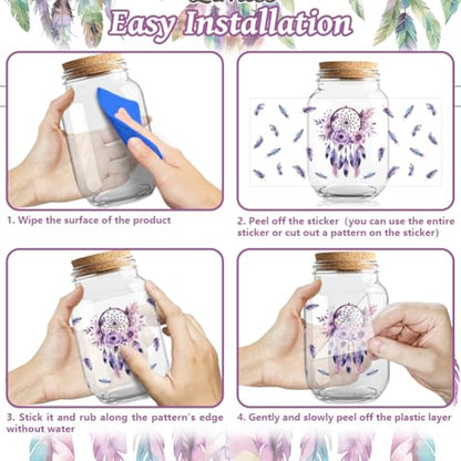 UV DTF Cup Wraps Transfer Stickers Bohemian Feathers Pattern, 10 Sheets Waterproof Custom Vinyl Transfer Sticker 16oz Coffee Glass Cup Tumbler Bottle Mug Decals for Men Women - style: Bohemian feathers