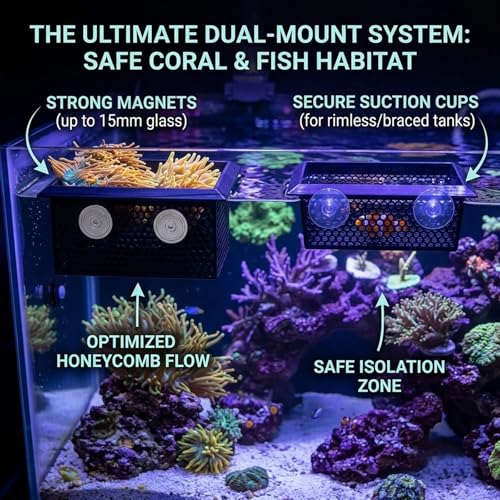 Floating Coral Frag Rack and Fish Isolation Box for Saltwater Reef Tank, 4x6 Inch Saltwater Coral Frag Holder with Magnetic or Suction Mount, Floating Anemone Holder and Isolation Cup for Reef Tanks