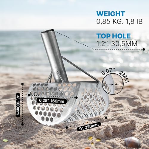Sand Scoops for Beach Metal Detecting Stainless Steel Beach Metal Detecting Shovel Underwater Treasure Hunting, Metal Detector Accessories(Bag + Scoop + Carbon Fiber Handle), (9x6 + Handle) - size: 9 x 6 in + Handle