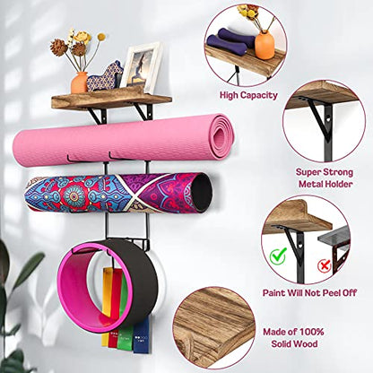 2 PACK Yoga Mat Holder Wall Mount Yoga Mat Storage Shelf Rack Home Gym Accessories with Wood Floating Shelves and 4 Hooks for Hanging Foam Roller and Resistance Bands Home Gym Carbonized Black - color: 2 Pack Carbonized Black