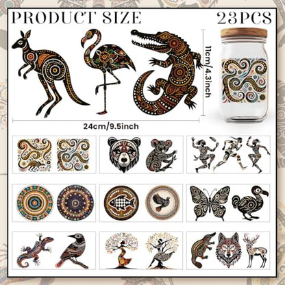 23 Pcs Vintage UV DTF Cup Wraps for 16OZ Glass, 4.3 x 9.4 Inch Butterfly Koala UV DTF Transfer Stickers Indigenous Art Rub on Transfer Decals for Glass Bottle Vase Furniture Crafts - style: Indigenous Art