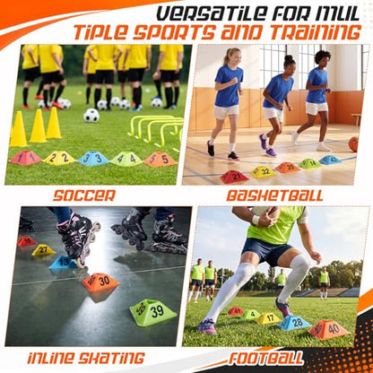 Liliful 50 Pack 1-50 Numbered Sports Cones Bulk, Triangular Soccer Cones for Training Agility Drills with Storage Mesh Bag for Football Practice Coaching Marker Equipment Basketball