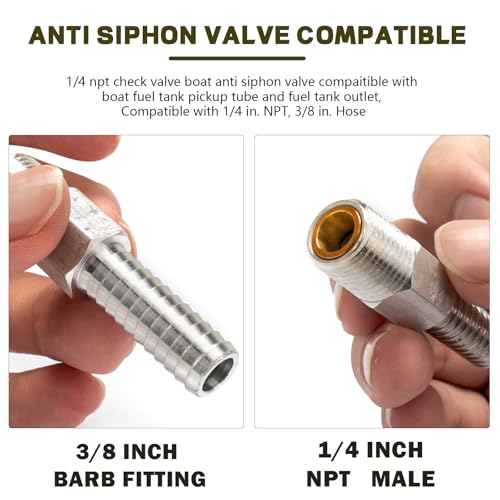 Marine Anti Siphon Valve Replacement for Boat Fuel Tank Pickup Tube to Prevents Fuel Theft and Fuel Spillage of Gas Tank Outboard, with 1/4" NPT, 3/8" Hose for Marine Fuel Tank Valve - Aluminum 2 PCS