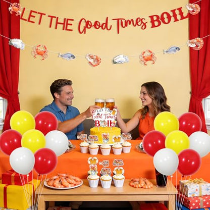 Cheereveal Let the Good Times Boil Party Decorations Kit, Seafood Banner Garland Cake Toppers Cupcake Picks, Red White Yellow Balloons, Crawfish Lobster Shrimp Boil Birthday Bridal Shower Decor