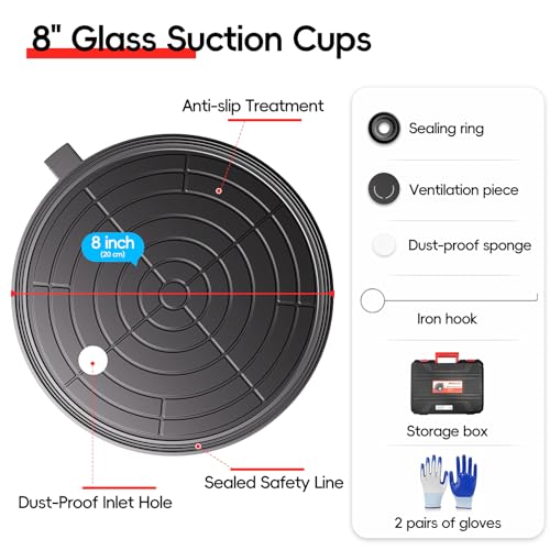 SPECILITE 8" Heavy Duty Glass Suction Cups 2 Pack with Pressure Gauge for Lifting Large Tile, Marble, Windows, 880 lbs Load Capacity, Industrial Vacuum Lifter with Handle, Carrying Case, Gloves, Black