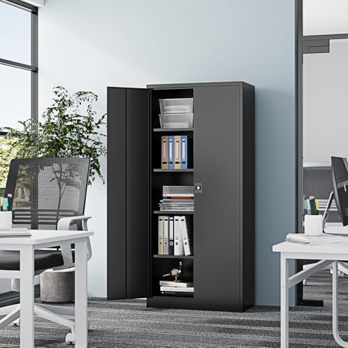 Metal Storage Cabinet-71” Tall Steel File Cabinets with Lockable Doors and Adjustable Shelves-Black Steel Storage Cabinet for Home,Kitchen, School, Office, Garage