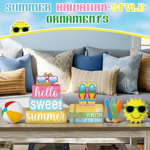 11 Pcs Summer Hawaiian Table Decorations Set Summer Tiered Tray Decor Flip Flops Centerpiece Faux Book Stack Block for Table Home Office Decorations - style: Pool