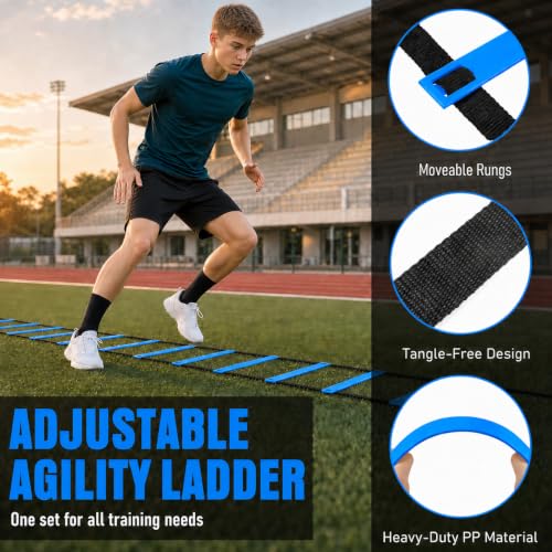 20Ft Agility Ladder Training Equipment for Soccer 12 Cones, Solo Soccer Trainer, Jump Rope Speed Football Gifts for boy - color: Blue