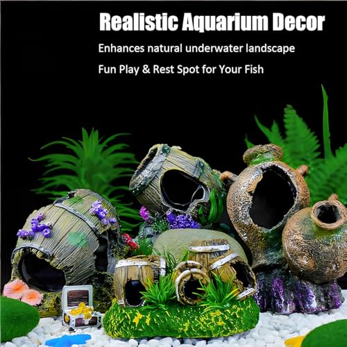 Aquarium Decorations Cave – Resin Fish Tank Ornament Barrel Hideout for Betta, Shrimp & Small Fish, Rock Cave Shelter Breeding & Hiding Decor Broken Barrel Aquarium Decoration (Broken Barrel-02)