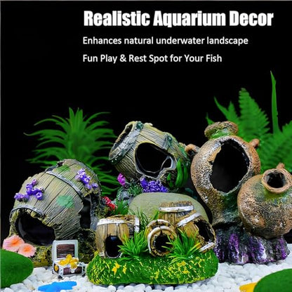 Aquarium Decorations Cave – Resin Fish Tank Ornament Barrel Hideout for Betta, Shrimp & Small Fish, Rock Cave Shelter Breeding & Hiding Decor Broken Barrel Aquarium Decoration (Broken Barrel-02)