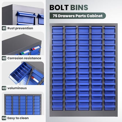 75-Drawer Nut and Bolt Organizer, Parts Cabinet No ssembly, with Labels & Adjustable Dividers, ABS Drawers, 860LBS, Alloy Steel Frame for Workshop Garage - size: 75-Drawer